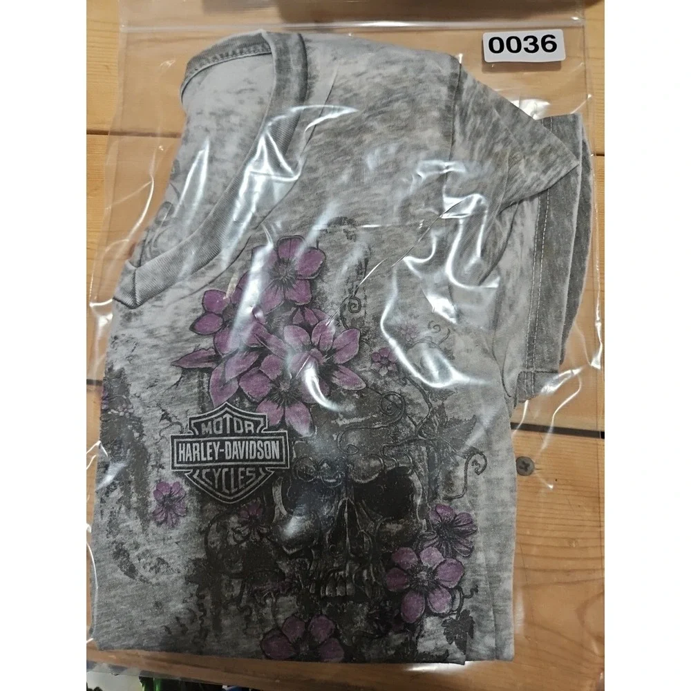 Harley Davidson Shirt Women Med Branson, MO Gray Puple Flowers Scull_13